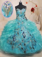 Admirable Teal Ball Gowns Beading and Embroidery and Ruffles 15 Quinceanera Dress Zipper Organza Sleeveless Floor Length(SKU PSSW0199BIZ)