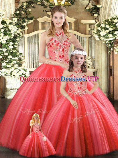 Sleeveless Floor Length Embroidery Lace Up 15th Birthday Dress with Coral Red - Click Image to Close