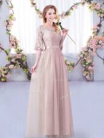 Pink Scoop Neckline Lace and Belt Damas Dress Half Sleeves Side Zipper