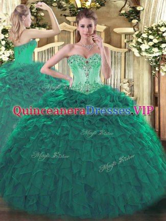 Best Sweetheart Sleeveless Sweet 16 Dresses Floor Length Beading and Ruffles Turquoise Organza