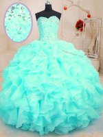 Colorful Aqua Blue Ball Gowns Sweetheart Sleeveless Organza Floor Length Lace Up Beading and Ruffles Vestidos de Quinceanera