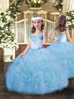 High Quality Straps Sleeveless Lace Up Little Girl Pageant Dress Blue Organza