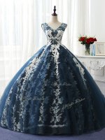 Stunning Navy Blue Scoop Lace Up Ruffles and Pattern Quinceanera Gown Sleeveless