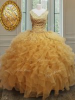 Gold Ball Gowns V-neck Sleeveless Organza Floor Length Zipper Beading and Ruffles Sweet 16 Quinceanera Dress(SKU PSSW0146BIZ)