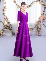 Eggplant Purple V-neck Zipper Ruching Quinceanera Court Dresses Half Sleeves