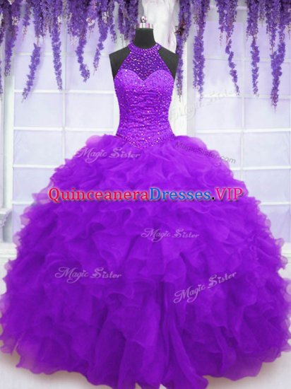 Adorable Purple High-neck Lace Up Beading and Ruffles 15 Quinceanera Dress Sleeveless - Click Image to Close