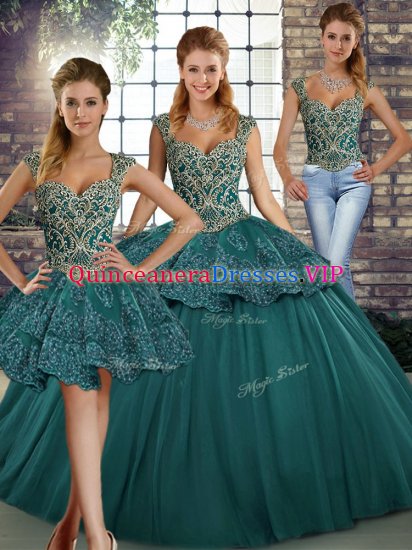 Stunning Green Tulle Lace Up Straps Sleeveless Floor Length 15th Birthday Dress Beading and Appliques - Click Image to Close