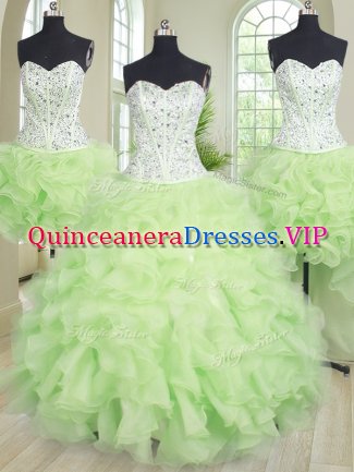 Four Piece Yellow Green Sleeveless Beading and Ruffles Floor Length Sweet 16 Dresses