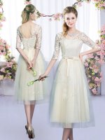 Champagne Quinceanera Court Dresses Wedding Party with Lace and Bowknot V-neck Half Sleeves Lace Up