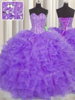Luxurious Visible Boning Sweetheart Sleeveless Organza Sweet 16 Dress Lace and Ruffles and Sashes ribbons Lace Up