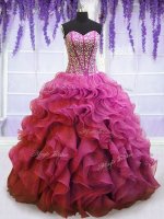 Lilac Lace Up Sweetheart Beading and Ruffles 15 Quinceanera Dress Organza Sleeveless