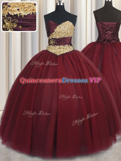 Dazzling Wine Red Sweetheart Neckline Beading and Appliques Quince Ball Gowns Sleeveless Lace Up - Click Image to Close