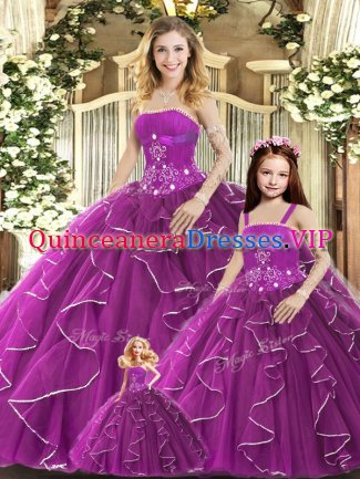 Luxury Strapless Sleeveless Sweet 16 Dresses Floor Length Beading and Ruffles Purple Tulle