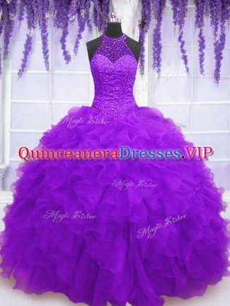 Adorable Purple High-neck Lace Up Beading and Ruffles 15 Quinceanera Dress Sleeveless