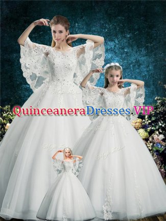 White Half Sleeves Lace Floor Length Vestidos de Quinceanera