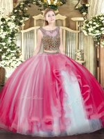 Coral Red Scoop Neckline Beading and Ruffles Sweet 16 Quinceanera Dress Sleeveless Lace Up