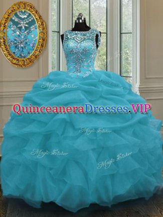 Unique Baby Blue Lace Up Scoop Beading and Pick Ups Sweet 16 Dresses Organza Sleeveless