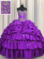 Purple Sweet 16 Dress Taffeta Brush Train Sleeveless Beading and Embroidery and Ruffled Layers and Pick Ups