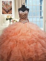 Artistic Beaded Bodice Watermelon Red and Peach Organza Lace Up Sweetheart Sleeveless Floor Length 15 Quinceanera Dress Beading and Ruffles(SKU PSSW0535BIZ)