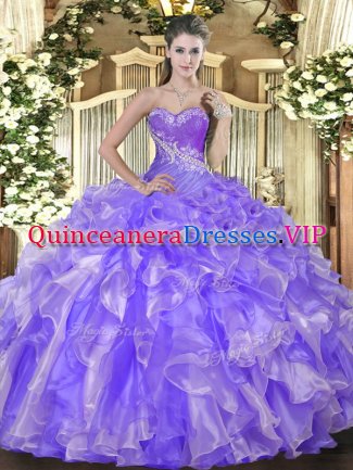 Lavender Organza Lace Up Sweetheart Sleeveless Floor Length Quinceanera Gowns Beading and Ruffles