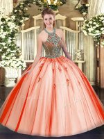 Delicate Halter Top Sleeveless Tulle Ball Gown Prom Dress Beading Lace Up