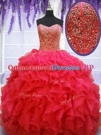 Inexpensive Coral Red Ball Gowns Beading and Ruffles 15 Quinceanera Dress Lace Up Organza Sleeveless Floor Length