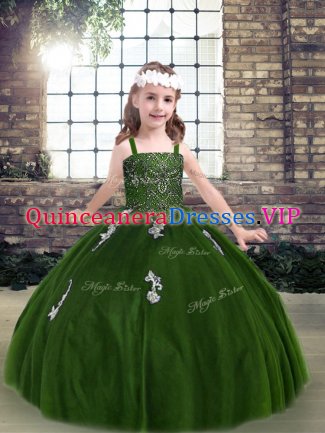 Elegant Green Sleeveless Floor Length Appliques Lace Up Winning Pageant Gowns