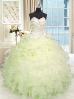 Light Yellow Organza Lace Up Sweet 16 Dresses Sleeveless Floor Length Beading and Ruffles