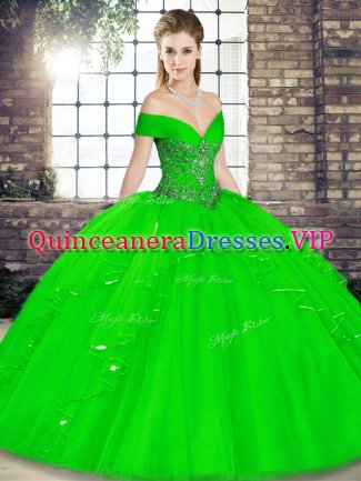 Vintage Off The Shoulder Sleeveless Sweet 16 Quinceanera Dress Floor Length Beading and Ruffles Green Tulle