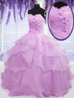 Super Sweetheart Sleeveless Ball Gown Prom Dress Floor Length Beading and Ruffled Layers and Hand Made Flower Lilac Organza