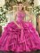 Glittering Fuchsia Vestidos de Quinceanera Sweet 16 and Quinceanera with Beading and Embroidery and Ruffles Halter Top Sleeveless Lace Up