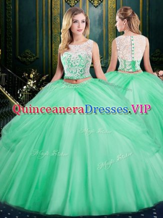 Pick Ups Two Pieces Quinceanera Gowns Apple Green Scoop Satin and Tulle Sleeveless Floor Length Zipper