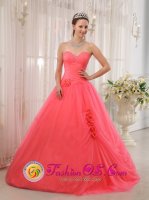 Elegent Coral Red Sweetheart and A-line Quinceanera Dress With Hand Made Flowers Tulle in Albuquerque NM