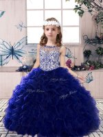 Exquisite Royal Blue Lace Up Scoop Beading and Ruffles Little Girls Pageant Gowns Organza Sleeveless