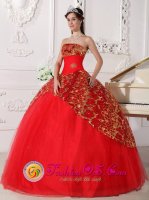 Irving Texas/TX Lace Appliques Decorate Inexpensive Red Quinceanera Dress With Tulle Custom Made