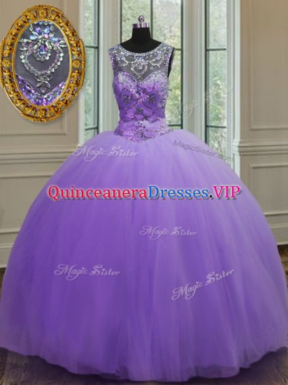 Colorful Scoop Tulle Sleeveless Floor Length Quince Ball Gowns and Beading - Click Image to Close