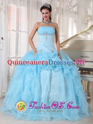 Stylish Organza Baby Blue Ball Gown Pick-ups Sweet 16 Dresses With Beading and Ruched Bust Floor-length In Cordova Alaska/AK