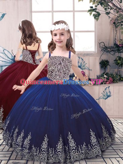 Lovely Blue Ball Gowns Tulle Straps Sleeveless Beading and Embroidery Floor Length Lace Up Girls Pageant Dresses - Click Image to Close