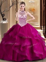 Hot Sale Halter Top Beading and Ruffles Vestidos de Quinceanera Fuchsia Lace Up Sleeveless With Brush Train