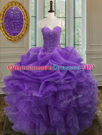 Floor Length Lavender Quinceanera Gown Organza Sleeveless Beading and Ruffles