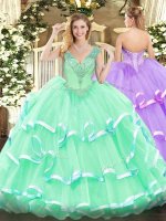 Apple Green 15 Quinceanera Dress Military Ball and Sweet 16 and Quinceanera with Beading V-neck Sleeveless Lace Up