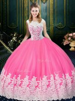 Cute Ball Gowns Sweet 16 Quinceanera Dress Rose Pink Scoop Tulle Sleeveless Floor Length Zipper