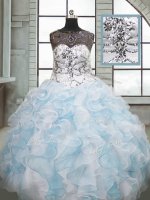 Artistic Blue And White Sleeveless Floor Length Beading and Ruffles Lace Up Quince Ball Gowns