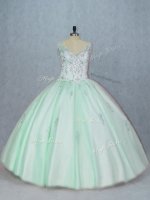 Extravagant Apple Green Lace Up V-neck Beading and Appliques Quince Ball Gowns Tulle Sleeveless