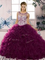 New Arrival Dark Purple Ball Gowns Beading and Ruffles Quinceanera Gowns Lace Up Organza Sleeveless Floor Length