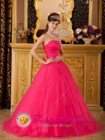 Custom Made Hot Pink A-line Strapless Quinceanera Dress With Beading Tulle Skirt In Genoa Nebraska/NE
