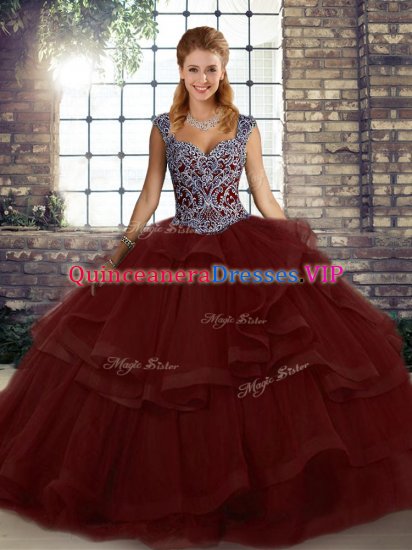 Fine Floor Length Burgundy Sweet 16 Dress Straps Sleeveless Lace Up - Click Image to Close