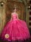 Gorgeous Strapless Organza Hot Pink Bani Dominican Republic Quinceanera Dress Appliques Ruffled Ball Gown