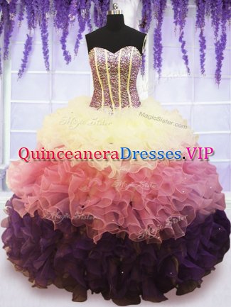 Glittering Multi-color Lace Up Sweetheart Beading and Ruffles and Ruffled Layers Ball Gown Prom Dress Organza Sleeveless