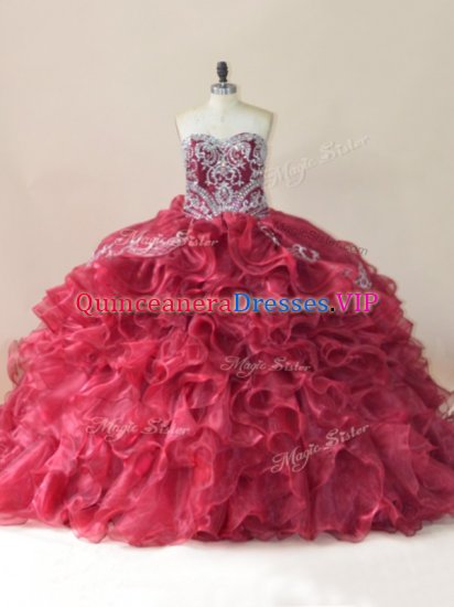 Wine Red Sweetheart Lace Up Beading and Appliques and Ruffles 15th Birthday Dress Brush Train Sleeveless - Click Image to Close